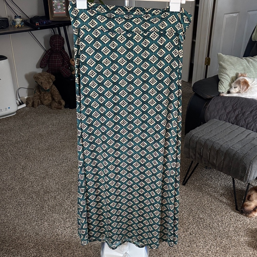LuLaRoe Maxi Skirt Black/Green/White Geometric Pattern A-Line SZ L